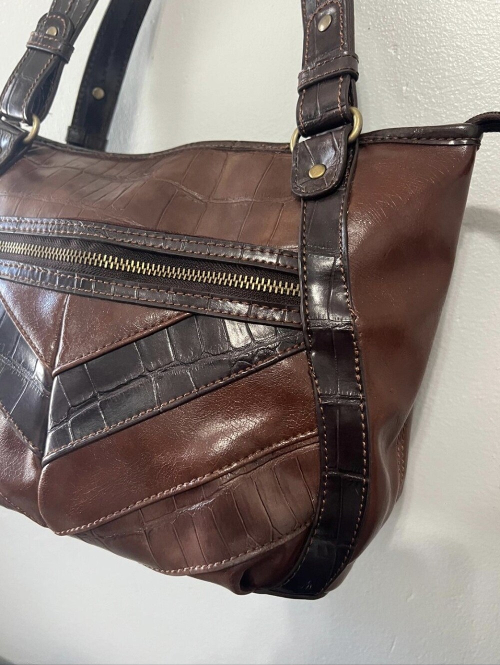 Relic Patchwork Brown Bag - Crocodile Skin Effect Women's Handbag. Vintage Y2K" - Picture 2 of 10